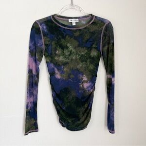 Frayed long sleeve semi sheer art print top Size XS